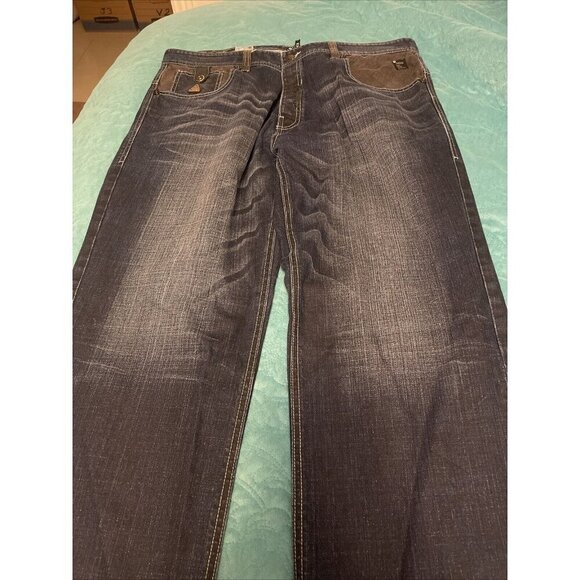 PARISH JEANS‎ health wealth wisdom & men Sz 40 Blue With Black Trim, Wide leg - Picture 3 of 16